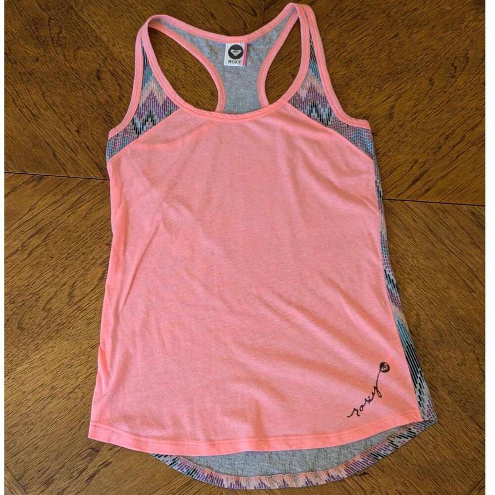 Roxy Neon Coral Chevron Racerback Tank Top Made in USA Size L